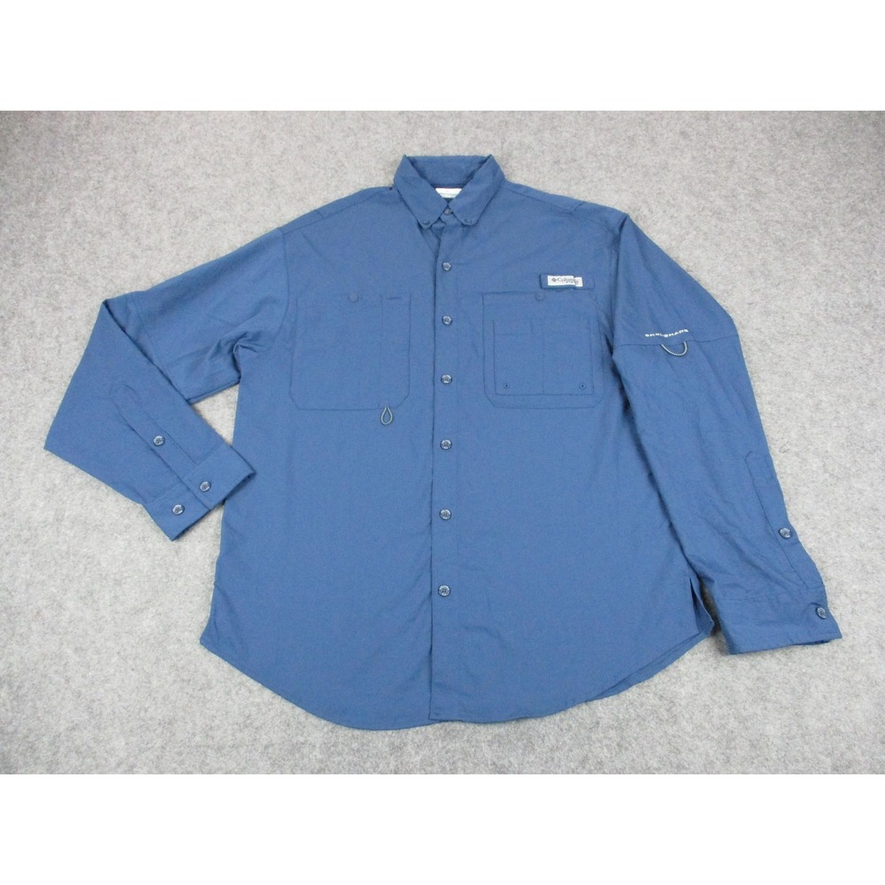 Columbia Shirt Mens Small Blue Polyester Button Up Pockets Quick Dry Breathable